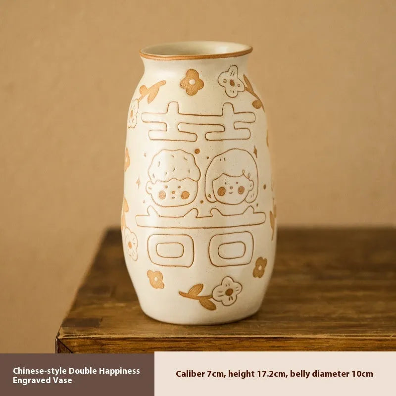 Chinese hand-painted ceramic joy vase with traditional designs and 8 cm base