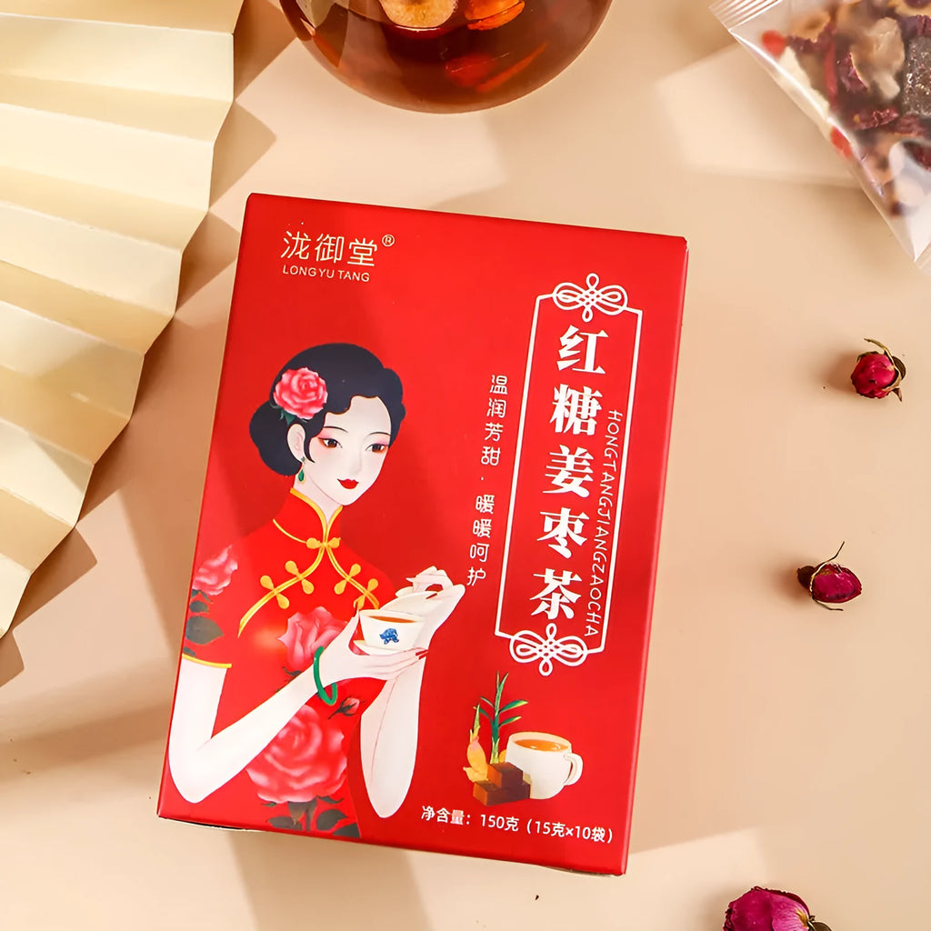 Box of brown sugar ginger and jujube tea with red dates, wolfberries, and herbal ingredients