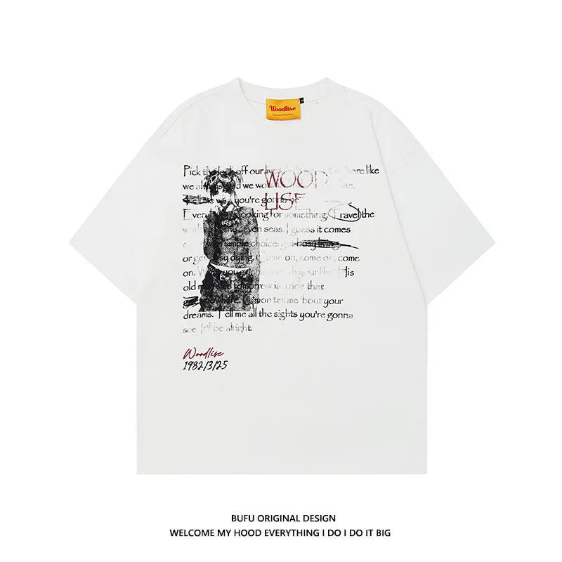 Men's black loose fit pure cotton T-shirt with white retro letter print and short raglan sleeves.