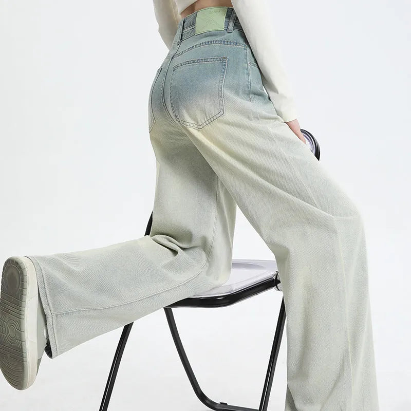 Women's gradient blue straight-leg denim trousers in cotton fabric
