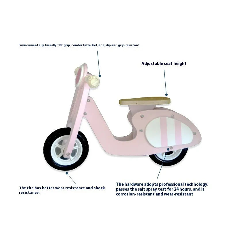Pink wooden toddler balance scooter with 10-inch wheels for children aged 1 to 6 years.