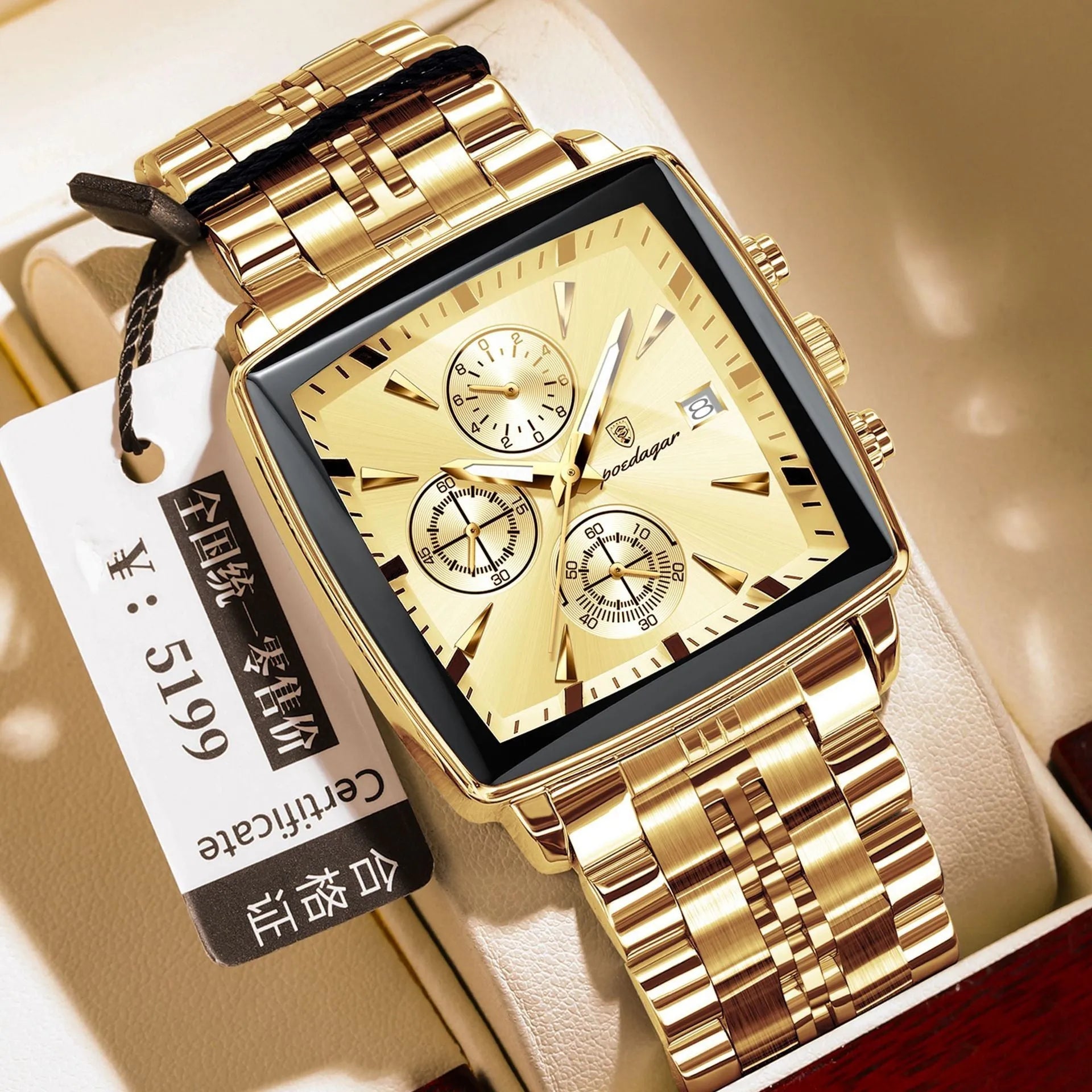 Men's square business watch with stainless steel strap and mineral glass on wrist