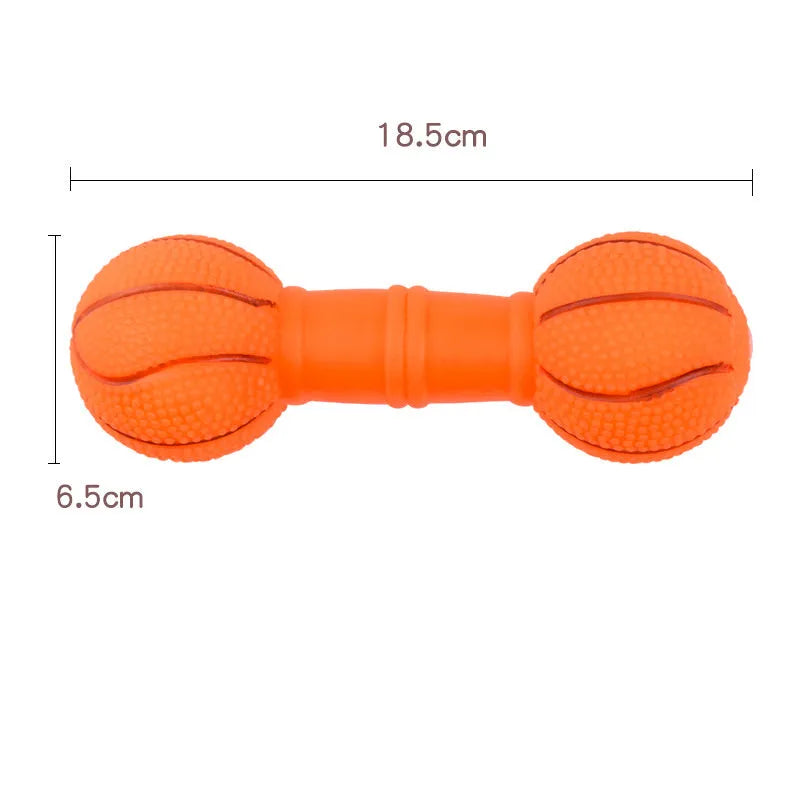 Brown, orange, white and yellow football dumbbell shaped squeaky dog chew toy.