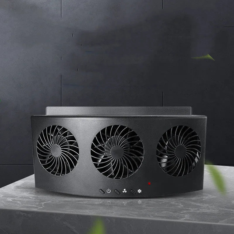 Black and white USB-powered car ventilation fan with compact rectangular design