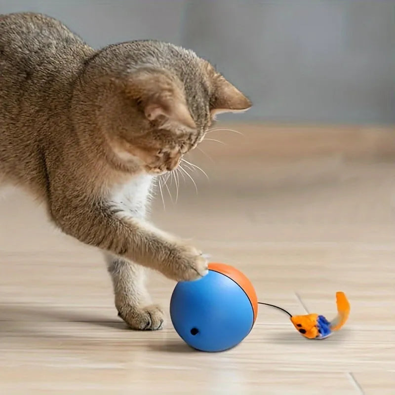 Interactive cat toy ball and plush mouse in blue and orange colours measuring 8.5cm