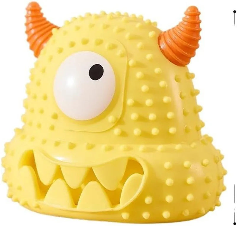 Little monster vocal dog toy in blue with exaggerated eyes, horns, and teeth; made of bite-resistant silicone.