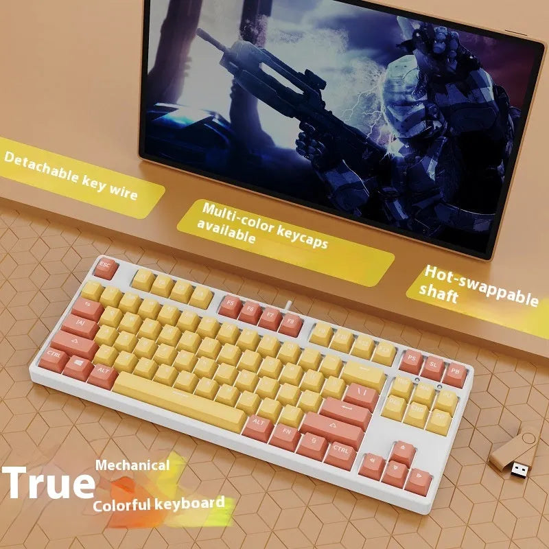 87-key mechanical keyboard with colourful keycaps on a metal base, showing hot-swappable switches