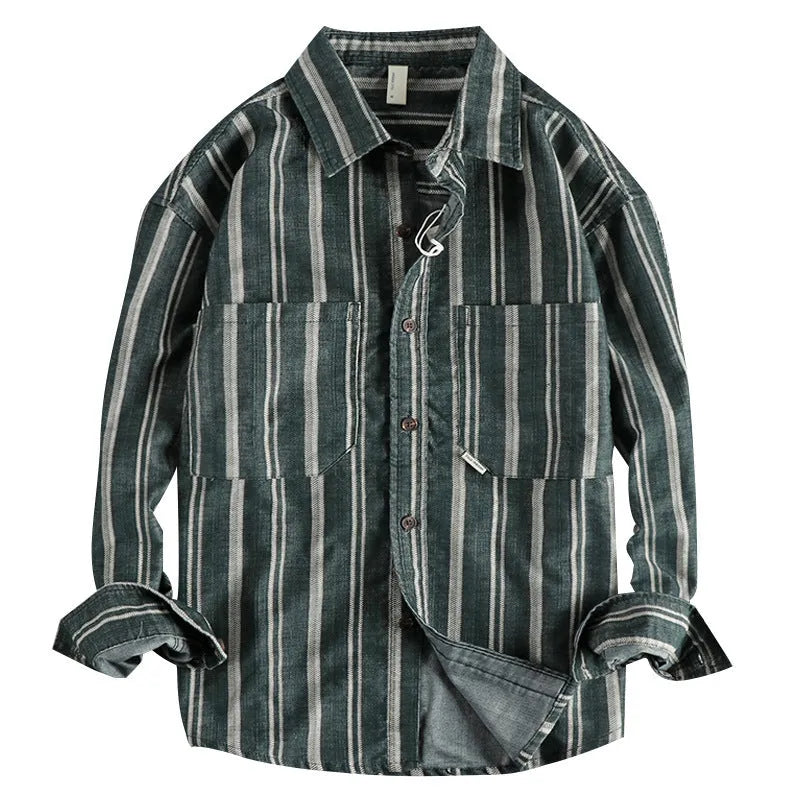 Men's vintage striped overshirt in loose fit, shown in apricot colour with Japanese retro styling.