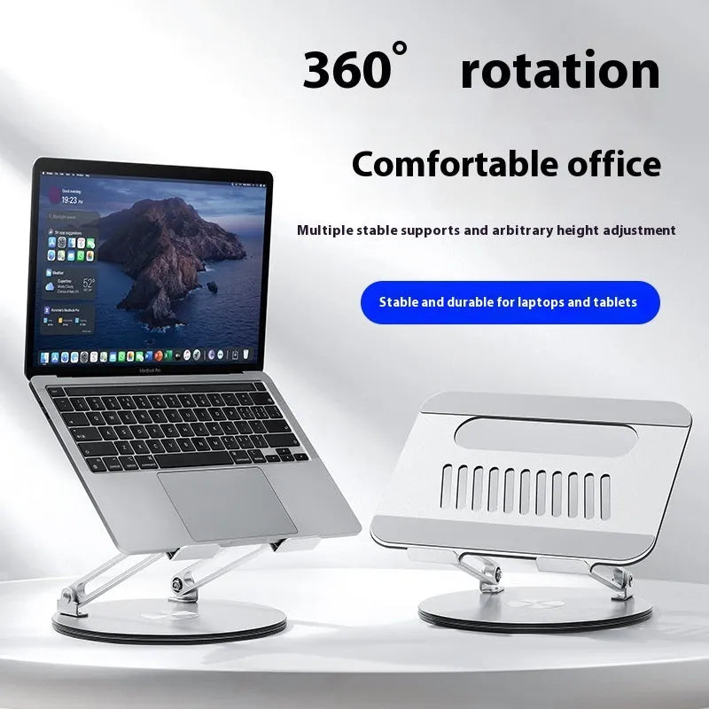 Silver aluminium laptop stand showing rotatable design and height adjustment mechanism