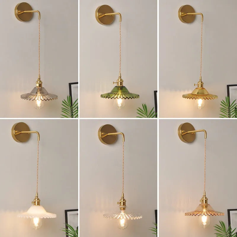 Retro brass lotus wall lamp with glass shade in multiple colour options