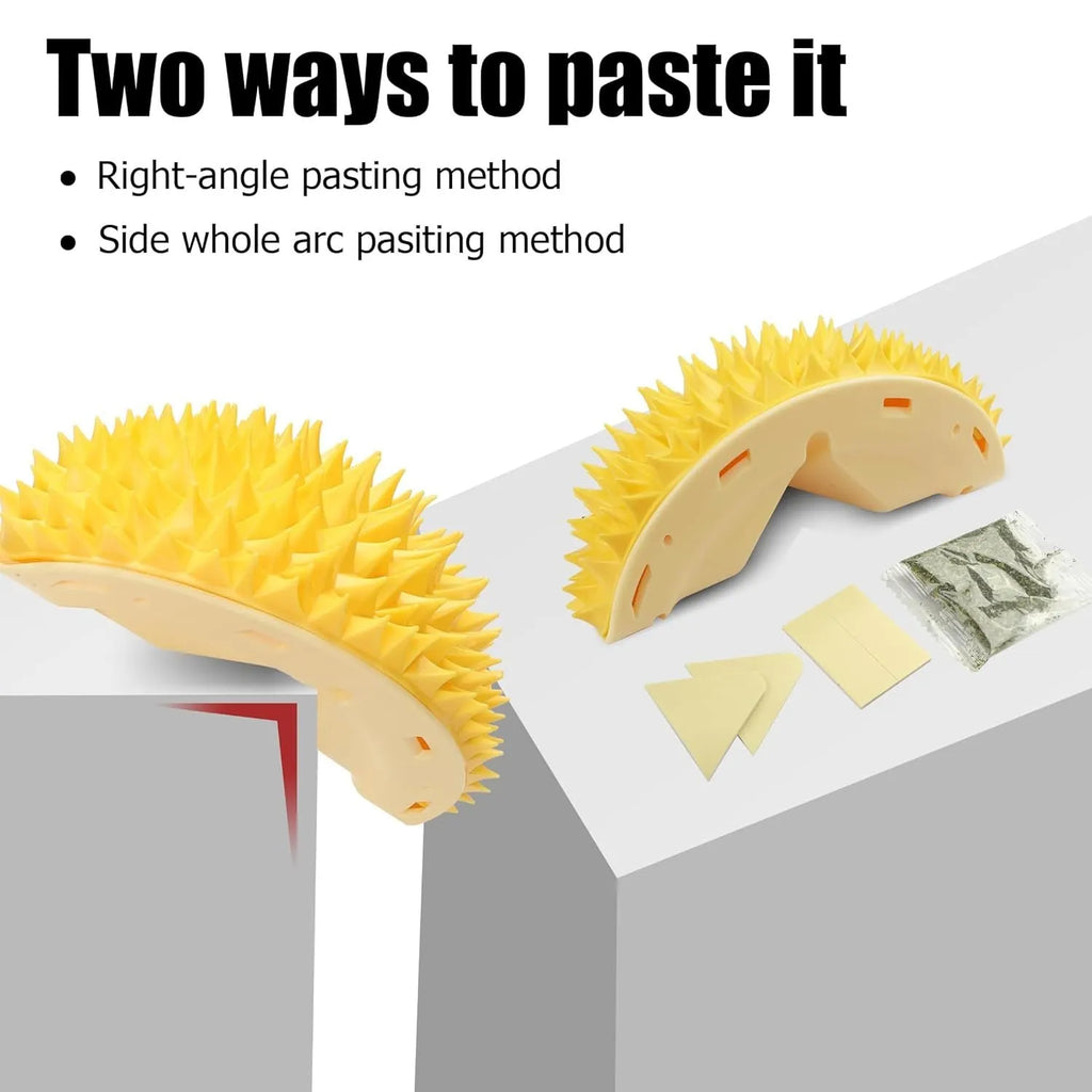 Yellow durian-shaped cat corner scratcher mounted on a wall with cat mint powder