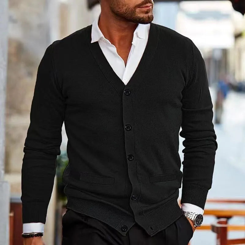 Men's slim fit acrylic cardigan sweater coat in dark gray colour showing long sleeve design