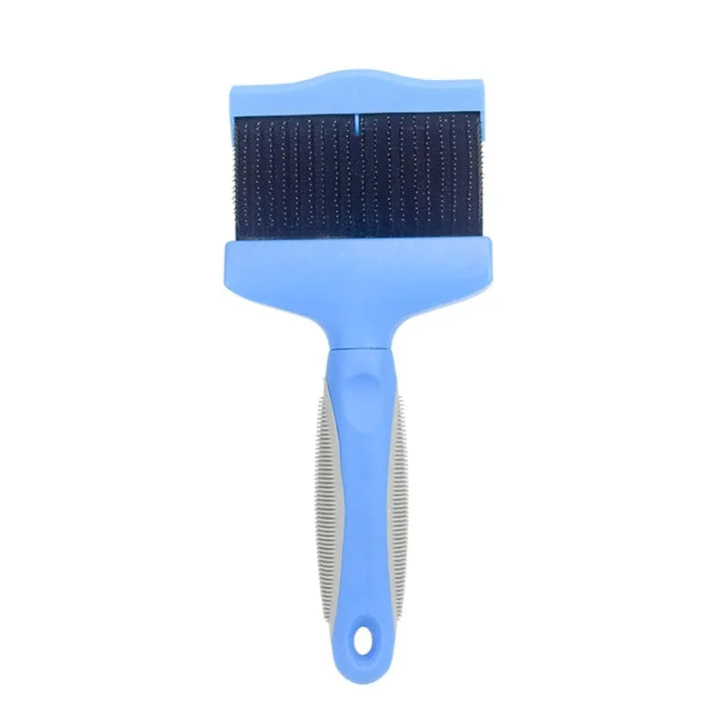 Double-sided pet grooming brush with stainless steel pins and ergonomic handle in blue colour