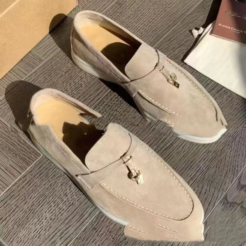 Neutral slip-on loafers with high-top artificial PU upper and Gommino rubber soles
