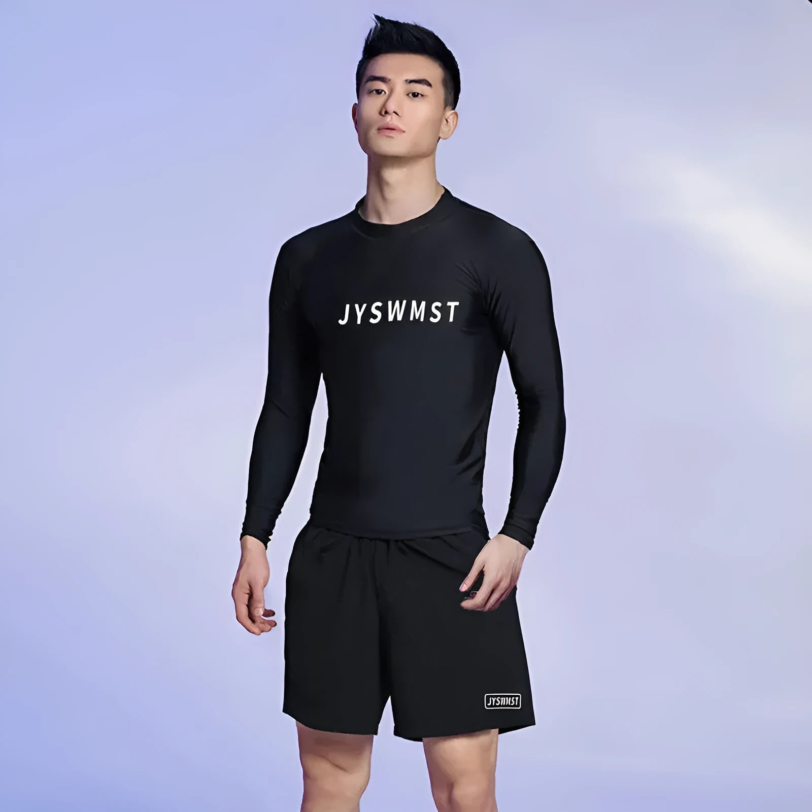 Men's patterned swimsuit set with top and pants in polyester fabric
