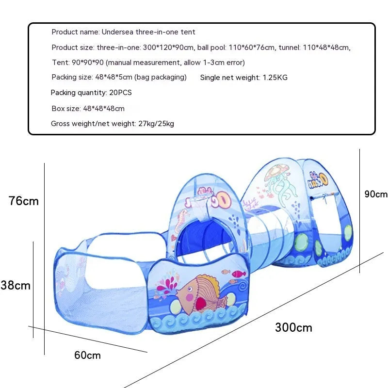 Children's three-in-one play tent with tunnel and ball pool in a cartoon submarine design.