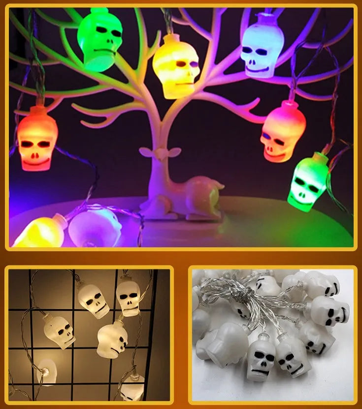 Halloween LED string lights with pumpkin, bat and ghost decorations showing colour changing illumination