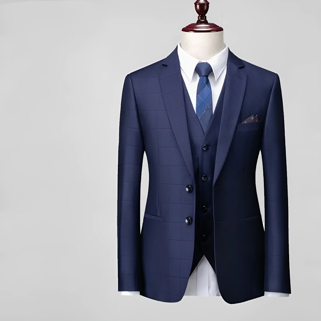 Men's three-piece plaid business casual suit with vest in slim fit design