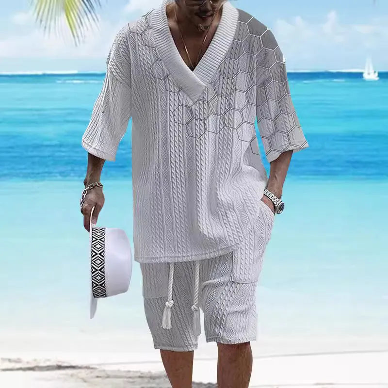 Men's printed knitted shorts suit with drop-shoulder short-sleeve top and matching shorts in chemical fibre blend fabric