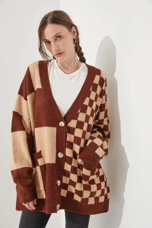 Printed checks knitwear cardigan in loose slim fit showing six colour options