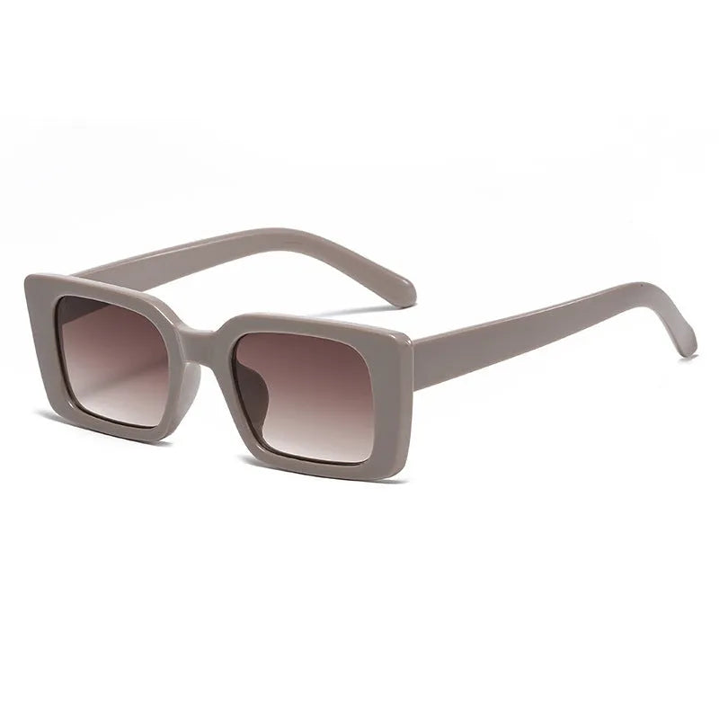 Square small frame sunglasses with PC lens, black frame and grey lens, simple flower design on bag