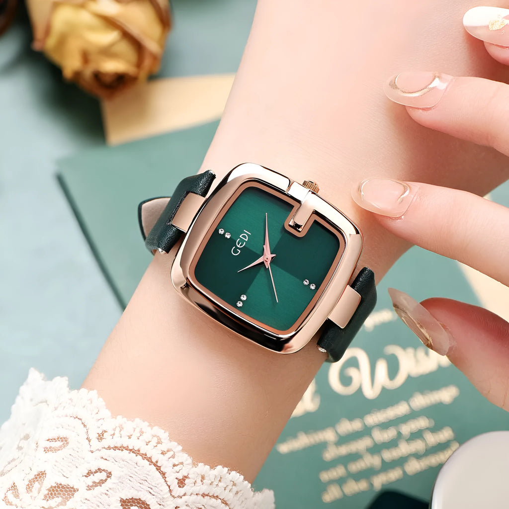 Women's quartz watch with leather strap in coffee colour showing 36mm dial and hardened glass