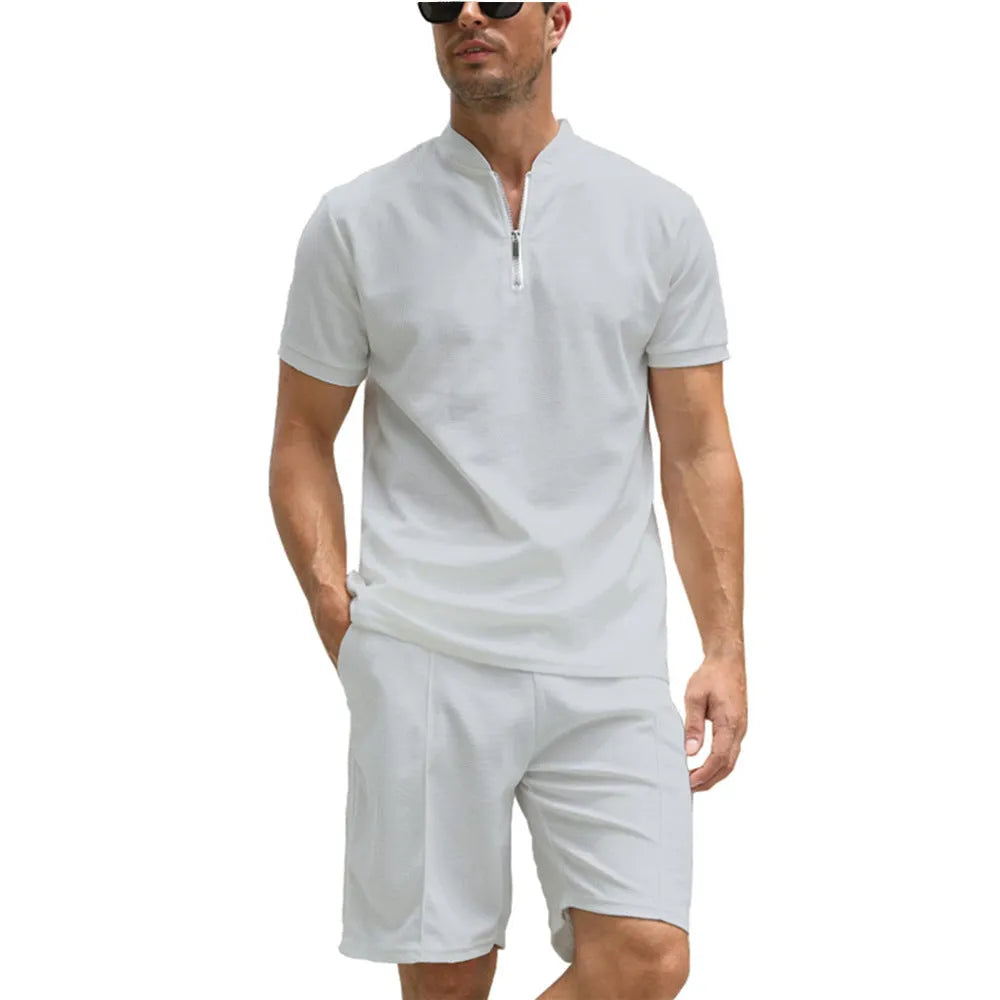 Men's solid colour polo shirt two-piece suit set in beaded bird's eye polyester fabric