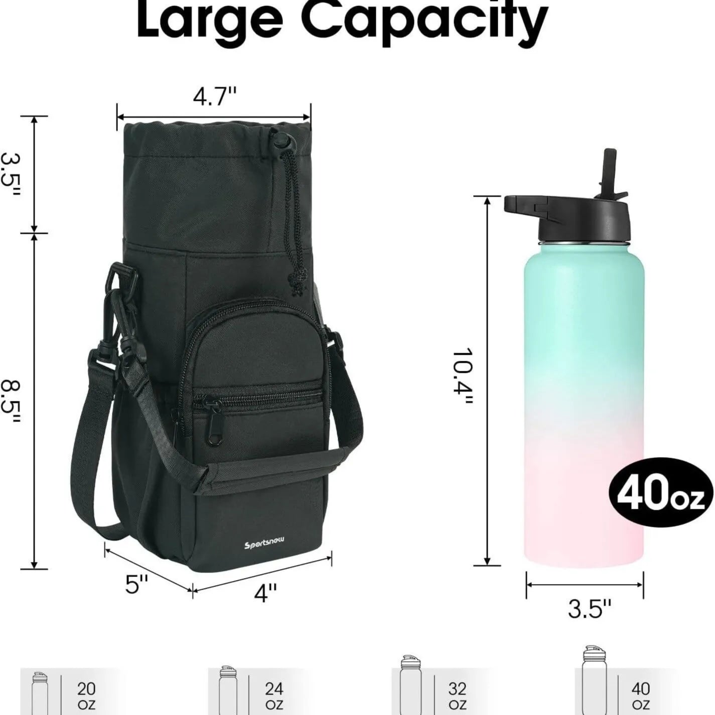 Cloth water bottle shoulder pouch in black, green, or pink with adjustable strap.