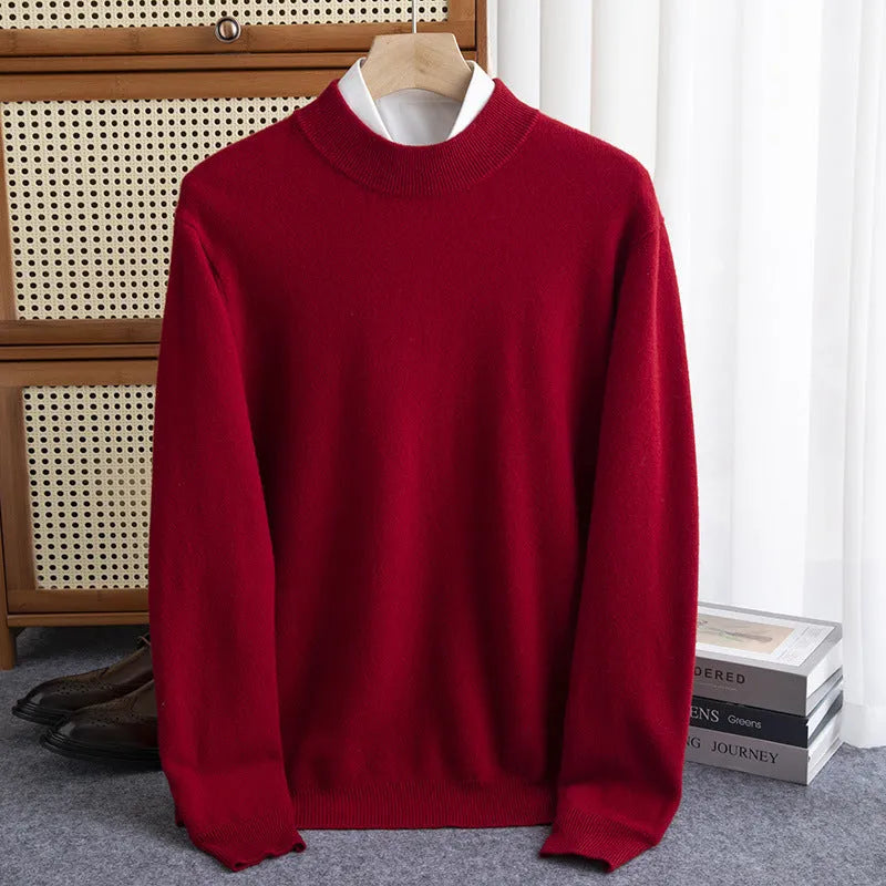 Man wearing a loose-fit half-collar wool sweater in a camel colour, suitable for winter casual wear.
