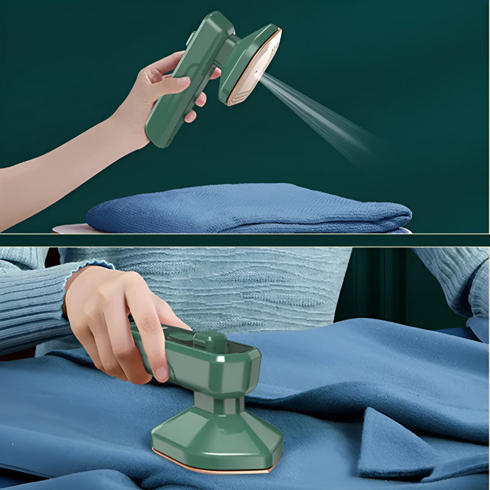 Dark green portable handheld hanging steam ironing machine with ceramic panel and power cord.
