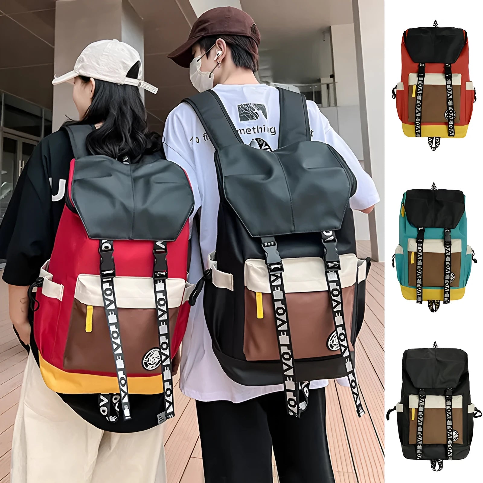 Oxford cloth backpack in black, green, or red, showing handheld and shoulder straps