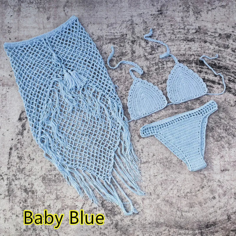 Women's three-piece bikini set with handmade crochet beach skirt in acrylic fabric