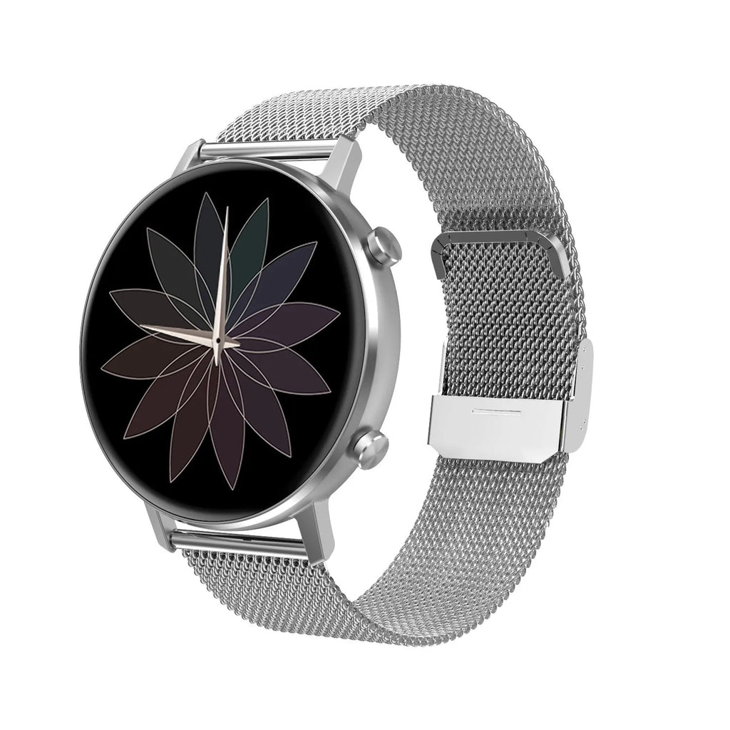 DT96 smart bracelet with touchscreen display and stainless steel wrist strap in silver colour