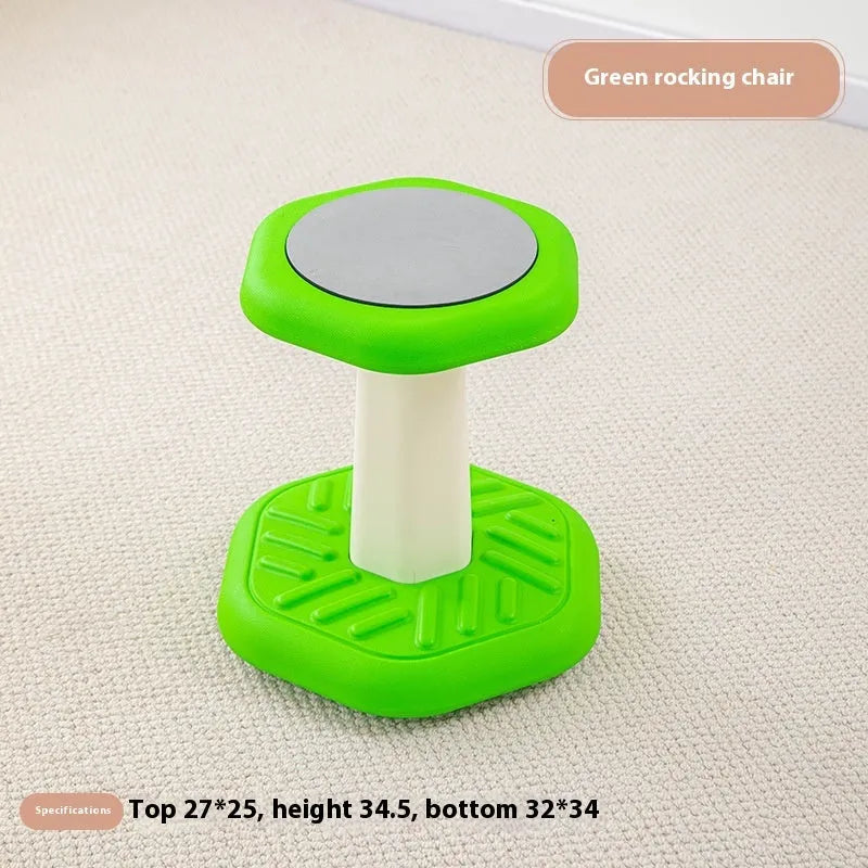 Children's multi-action plastic rocking stool available in black, blue, green, pink, purple, and red for balance training.