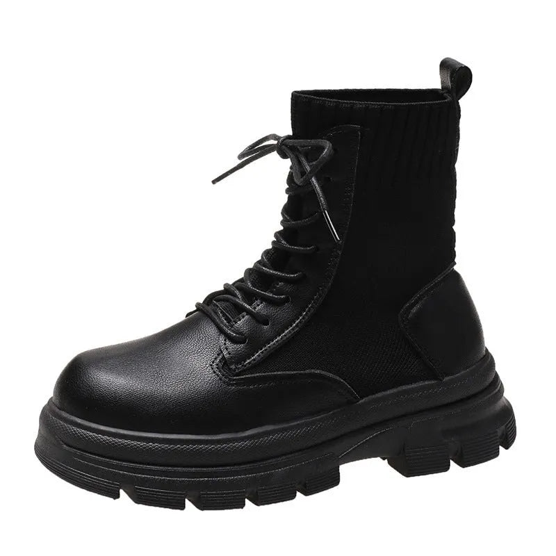 Women's round head lace-up knitted mouth Martin boots with tassel detail in black, side view