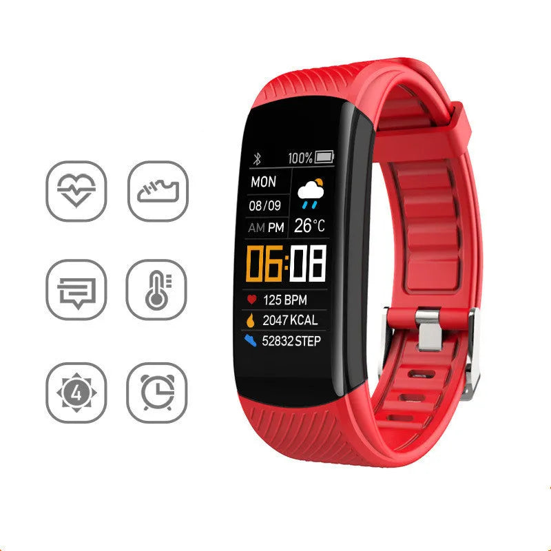 C5S model sports pedometer bracelet in various colours on a wrist, showing 0.96-inch screen.
