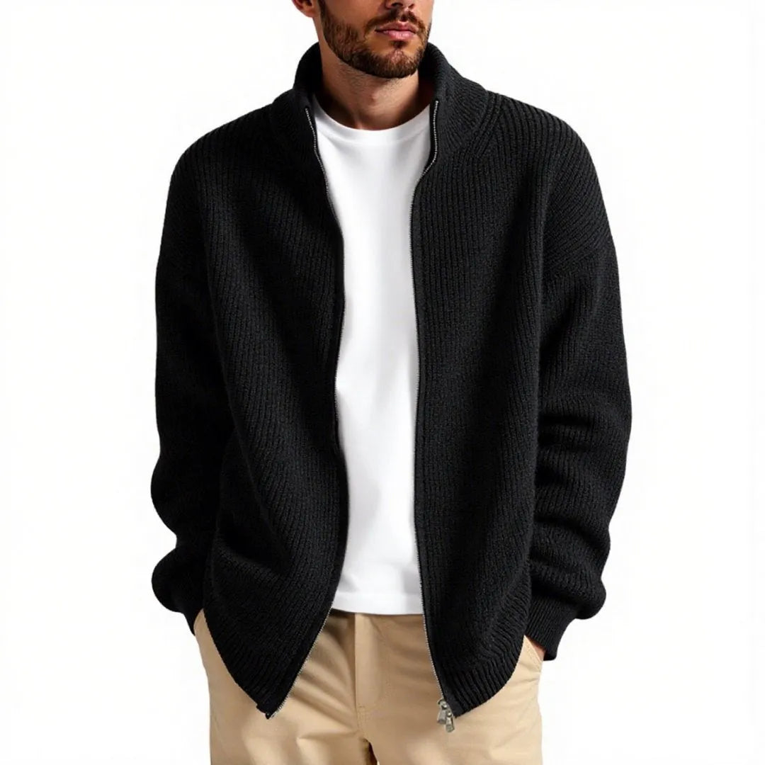 Men's loose-fit cardigan sweater coat in a grey colour, shown as a casual base layer.