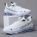 Men's white low-top casual sneakers with mesh upper, rotating button, and rubber sole.