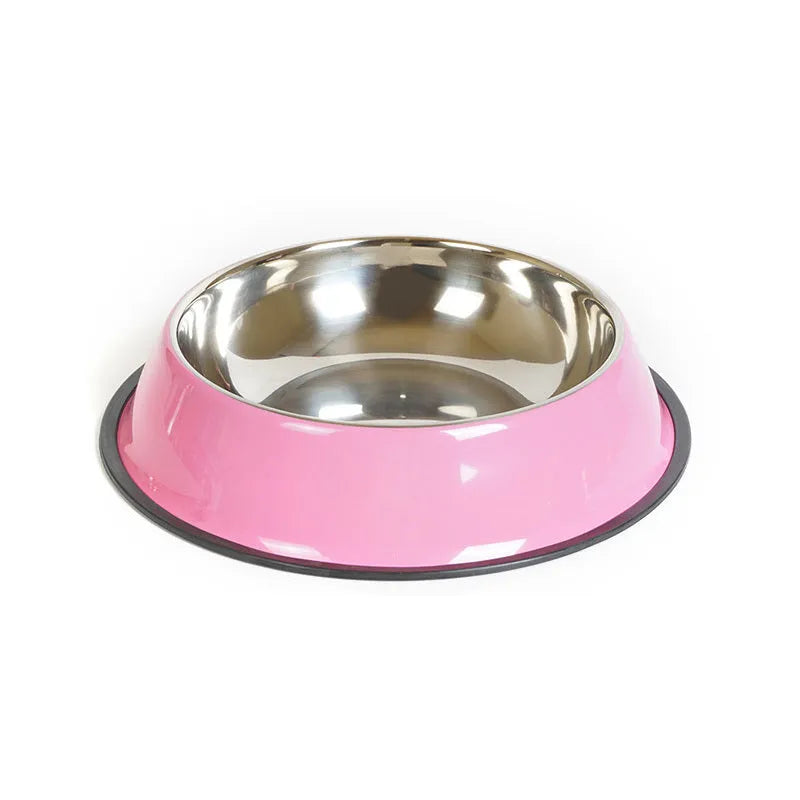 Stainless steel pet bowl with colourful melamine exterior and non-slip rubber base