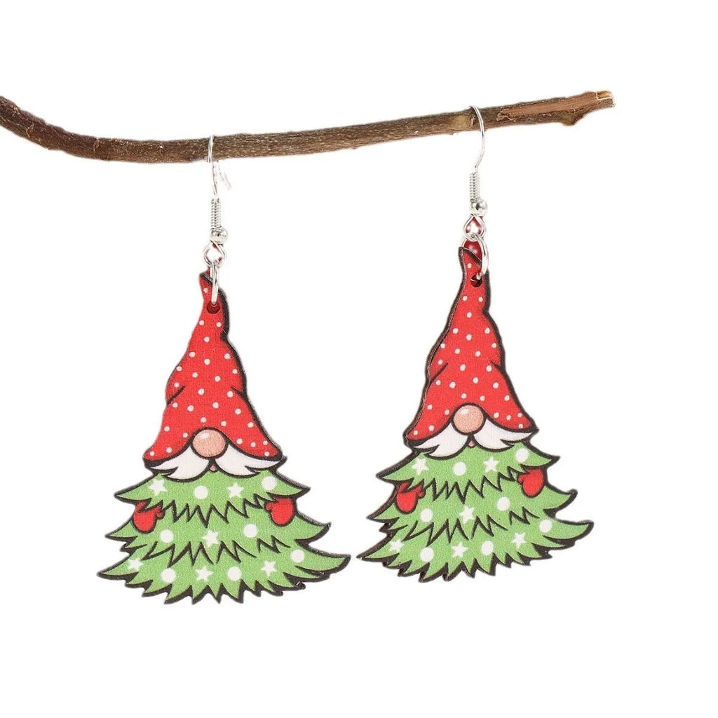 Printed wooden Christmas earrings with geometric Santa Claus designs in red and green