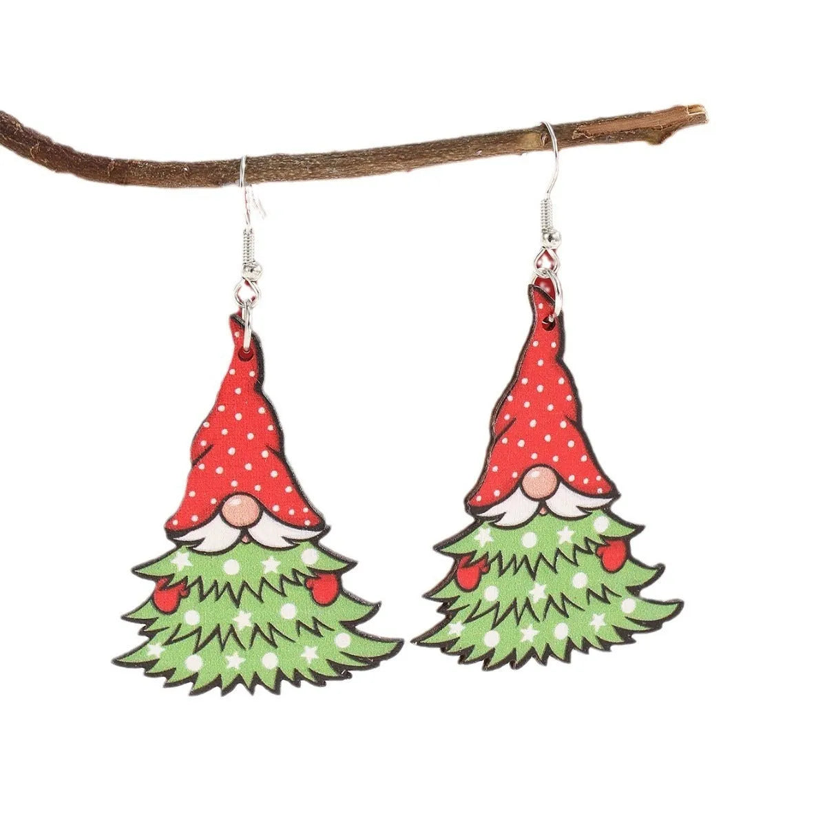 Printed wooden Christmas earrings with geometric Santa Claus designs in red and green