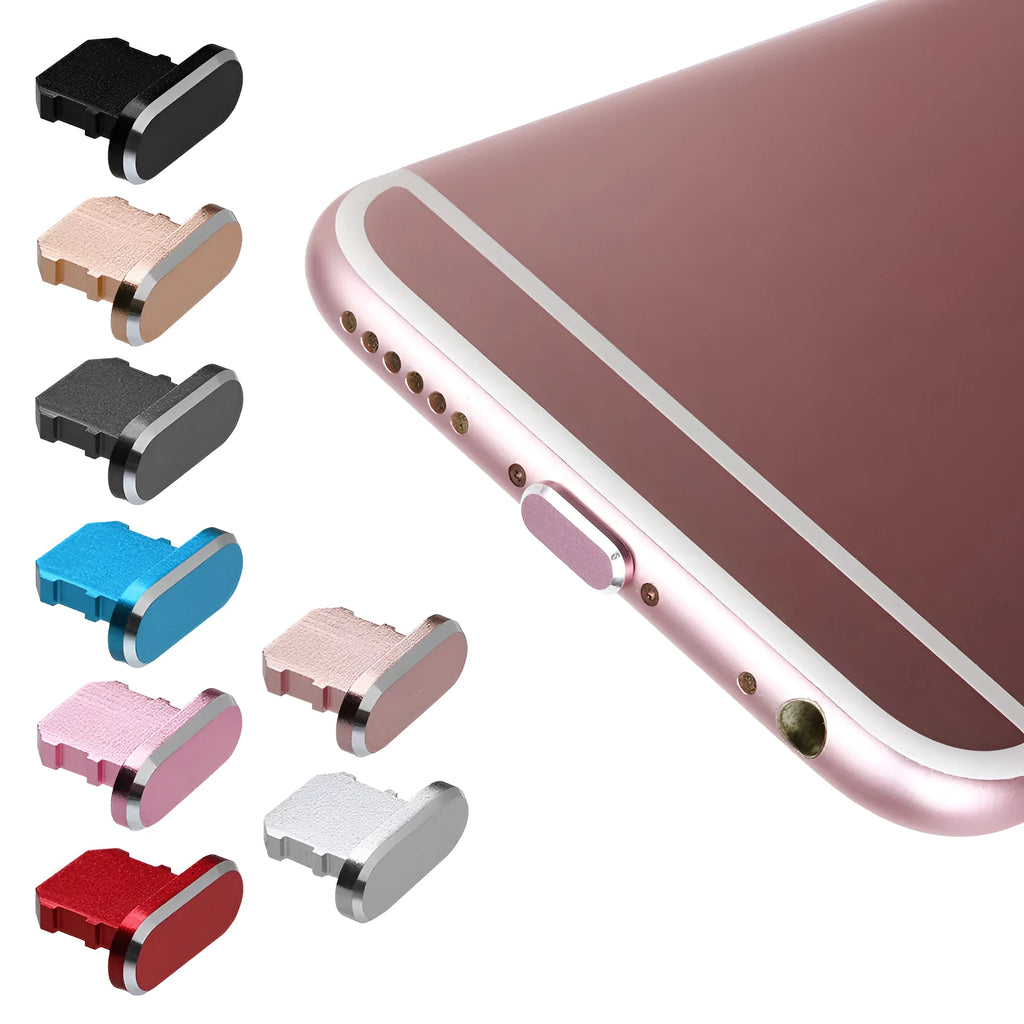 Aluminium alloy dust plug for iPhone charging port in various colours including gold, silver, blue, and rose gold.