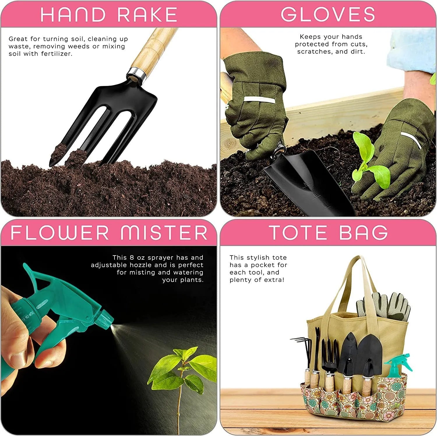 Stainless steel garden tool set with eight pieces including trowel, fork, and weeder on a garden soil background.