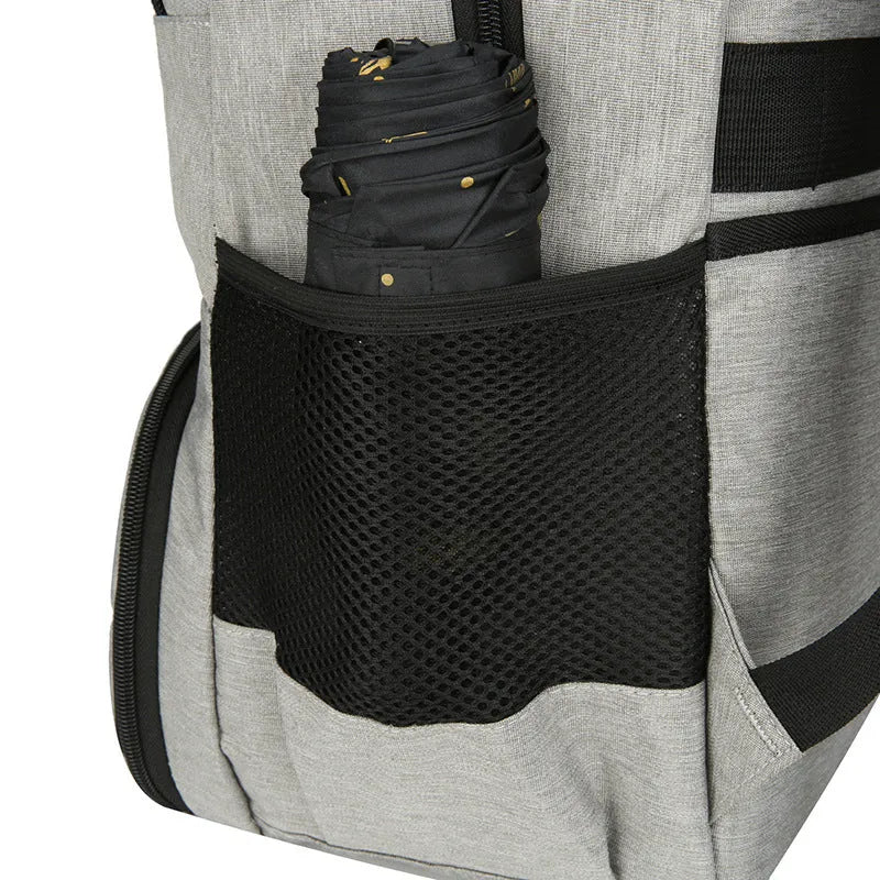 Light grey insulated Oxford cloth backpack with curved shoulder straps and pull-rod belt accessory