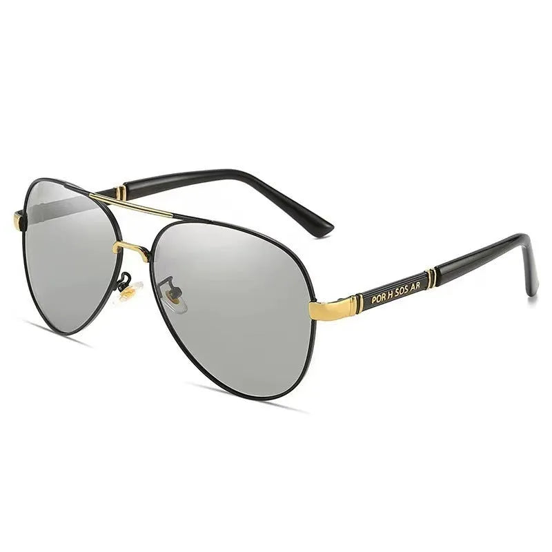 Men's metal frame sunglasses with polarised or colour-changing lenses in black, gold, or silver finishes