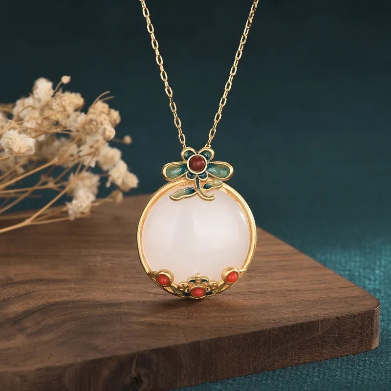 24k gold-plated Hetian jade peace buckle necklace with O-ring chain on collarbone