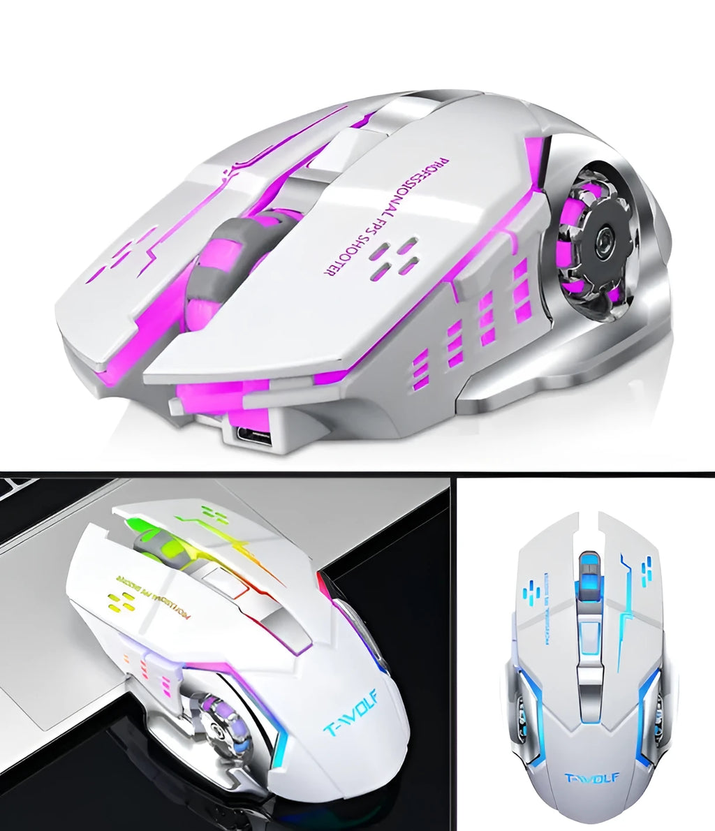 Black and white wireless silent mouse with six buttons and USB receiver