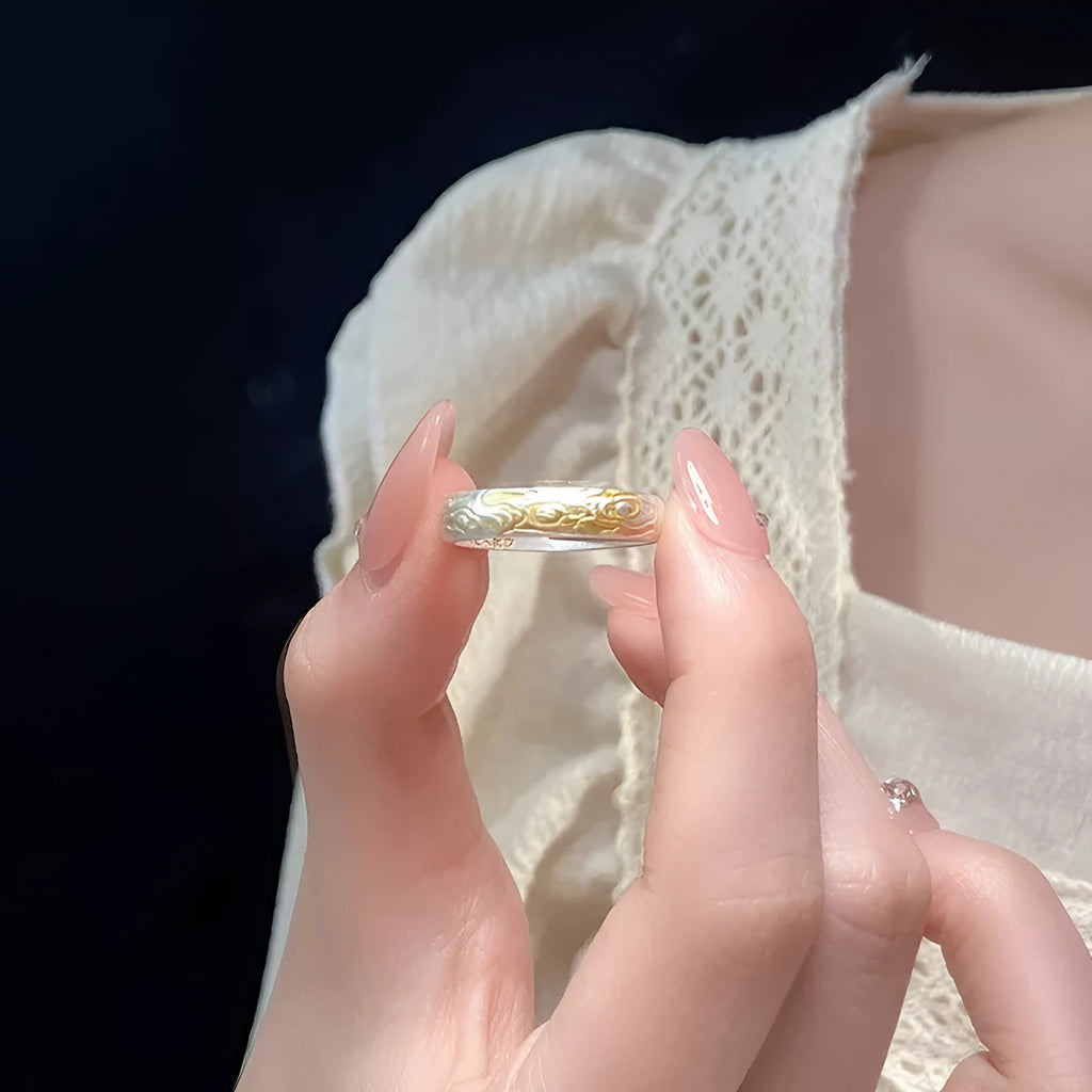 Geometric open-mouth white copper ring with J14 Xiangyun pattern in silver or gold electroplate.