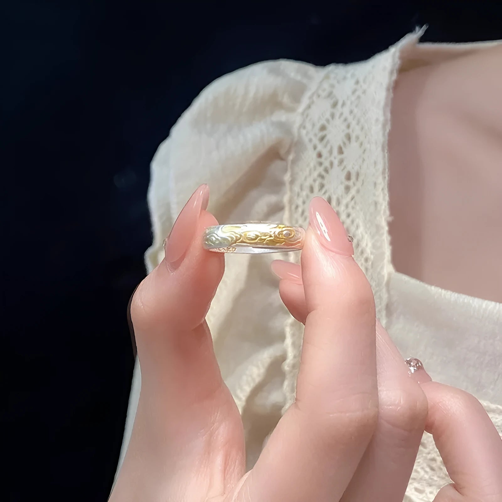 Geometric open-mouth white copper ring with J14 Xiangyun pattern in silver or gold electroplate.