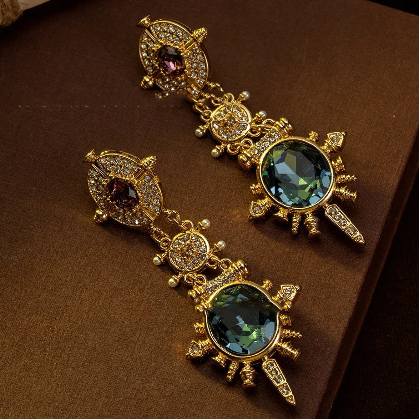 Gold retro geometric stud earrings with diamond-treated alloy construction